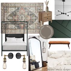 a collage of furniture and decor items including a bed, mirror, lamp, dresser