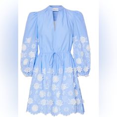 This 100% Cotton Dress Has A Mandarin Collar That Opens To A V-Neckline. Peasant Sleeves Create Volume That Is Offset By A Cinched In Drawstring Waist. The Hemline And Sleeves Are Decorated With 3d Embroidered Flowers. It Comes In White Over Blue Chambray Or White On Whiteboth Options Are Vacation-Ready. Length: 35 Inches Width: 17 Inch (Loose Draw String). Can Be Adjusted Sleeve Length: 20.5 Inches Shoulders Across: 14.5 Inches * Mini Dress * Long Sleeves * V-Neck * Drawstring Waist * Pullover Spring Embroidered V-neck Mini Dress, Floral Embroidered Mini Dress For Daywear, Spring V-neck Broderie Anglaise Dress, Broderie Anglaise Long Sleeve Day Dress, Spring V-neck Embroidered Mini Dress, Light Blue Long Sleeve Dress With Floral Embroidery, Light Blue V-neck Dress For Daywear, Spring V-neck Cotton Embroidered Dress, Spring V-neck Embroidered Cotton Dress