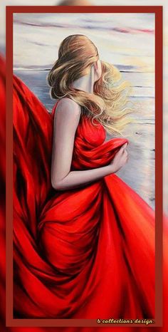 a painting of a woman in a red dress with her hair blowing in the wind