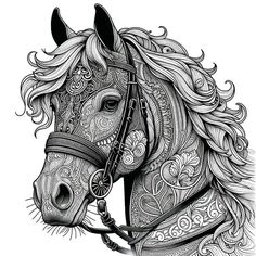 a black and white drawing of a horse's head with intricate patterns on it