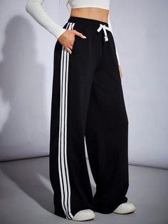 Women Sportswear Cotton Woven Tape Wide Leg Black Sweatpants Black and White    Knitted Fabric Colorblock,Striped Wide Leg Medium Stretch  Women Clothing, size features are:Bust: ,Length: ,Sleeve Length: Black Sweatpants Aesthetic, Sweatpants Amazon, Cute Sweat Pants, Clothes Sweatpants, Wide Sweatpants, Track Sweatpants, Women Sweatpants, Sweatpants For Women, Women Sportswear