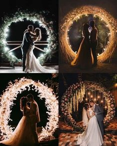 four different pictures of people in wedding dresses and tuxedos, with the bride and groom standing next to each other