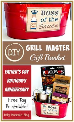 a red bucket filled with gifts and the words, diy grill master gift basket