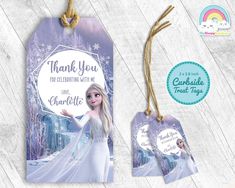 frozen princess thank you tags with snowflakes on them and the words,'thank you for celebrating with me i love charlotte '