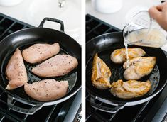 two pictures of chicken being cooked in a skillet