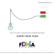 an advertisement for the happy new year with a light bulb hanging from a wire and text that reads, turn on the creativity for bright business