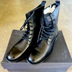 New In Box Black Leather Combat Boots With Goodyear Welt, Modern Black Leather Combat Boots, Black Leather Combat Boots With Plain Toe, Black Plain Toe Combat Boots For Formal Occasions, Mens Leather Boots, Boots Mens, Kenneth Cole, Leather Boots, New Color