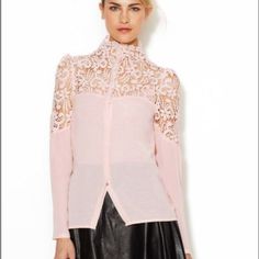 Lucia Lace Blouse By Stella & Jamie Color: Pale Pink Asymmetrical Blouse, Standing Collar, Brown Silk, Designer Fashion Jewelry, Leather Sleeve, Sheer Blouse, Lace Blouse, Sheer Lace, Leather Top