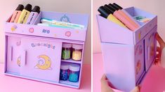 two pictures of the inside of a pink toy box with pens, markers and pencils in it