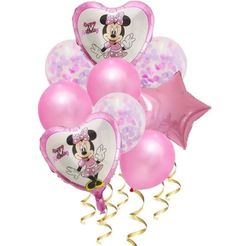 pink minnie mouse balloon bouquet with heart shaped balloons