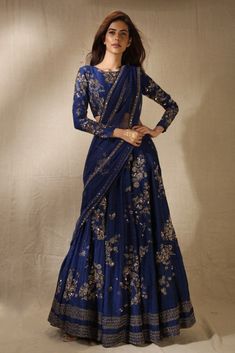 Navy Zari Sequins Floral Motif Lehenga. Gorgeous midnight blue embroidered lehenga fit for a reception night party. Alternatively wear this for cocktail. Indian Outfits Lehenga, Lehnga Dress, Designer Bridal Lehenga, Half Saree Designs, Salwar Kamiz, Red Lehenga, Indian Gowns Dresses, Indian Bridal Dress, Ghagra Choli