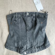 Nwt Zara Corset Style Denim Top Black Jean Top Strapless Back Zip Sz Denim Sleeveless Tube Top For Night Out, Dark Wash Summer Corset, Denim Corset For Night Out, Trendy Strapless Denim Top For Night Out, Spring Denim Corset For Night Out, Spring Night Out Denim Corset, Black Denim Top For Summer, Casual Stretch Corset For Night Out, Casual High Waist Corset For Spring