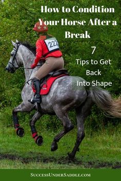 a woman riding on the back of a gray horse with text overlay reading how to condition your horse after a break 7 tips to get into shape