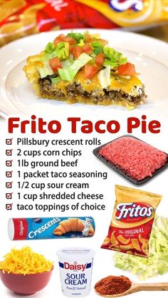 an advertisement for taco pie on a plate with other food items in the background