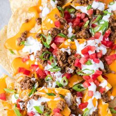 nachos with ground beef, cheese and tomatoes on top are served in tortilla shells