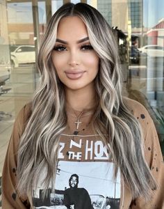 Dimensional Ash Blonde Balayage, Full Highlights With Money Piece, Dark Brown Hair With Blonde Highlights Root Smudge, Blended Money Piece Hair, Hair For Brown Eyes, Cool Ash Blonde Balayage, Blonde Hair On Mexican Women, Highlights With Money Piece, Root Melt Blonde