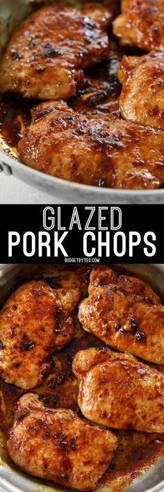 glazed pork chops in a skillet with the words glazed pork chops above it