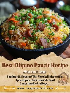 a bowl of noodles with peas, carrots and meat in it on top of a wooden table