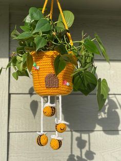 a yellow basket hanging from the side of a houseplant with plants in it