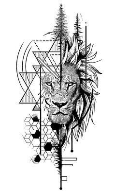 a black and white drawing of a lion's head with geometric shapes in the background