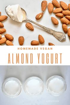 almond yogurt and almonds with text overlay