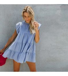 Women Round Collar Solid Color Ruffled Loose Dress S-XL Loose Mini Dress, Ruffles Fashion, Ruffle Long Sleeve, Fashion Graphic, Patchwork Designs, Loose Dress, Fashion Colours, Above Knee, Round Collar