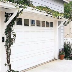 a white garage with plants growing on the side