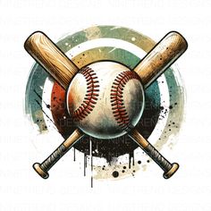 two baseball bats and a ball in the middle of a circle with paint splatters