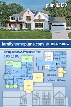 two story house plans with three car garages and one living area in the middle