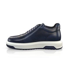 Luxury High-top Sneakers With Stitched Sole, Navy Lace-up Leather Sneakers, Classic Blue Sneakers With Stitched Sole, Navy Leather Low-top Custom Sneakers, Blue Calf Leather Sneakers With Rubber Sole, Navy Leather Sneakers With Round Toe, Blue Calf Leather Sneakers With Contrast Sole, Luxury Navy Sneakers With Round Toe, Classic Blue Calf Leather Sneakers