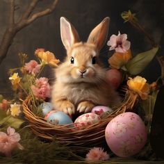 a rabbit sitting in a basket with flowers and eggs