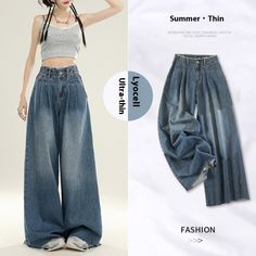 Color: Retro Blue, Size: L Cheap Blue Y2k Style Pants, Cheap Y2k Blue Pants, Cheap Vintage Blue Pants, Sweatpants Outfit, Retro Blue, Jeans Y2k, Blue Trousers, Denim Color, Long Jeans