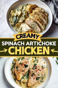 two white plates with chicken and spinach artichoke sauce