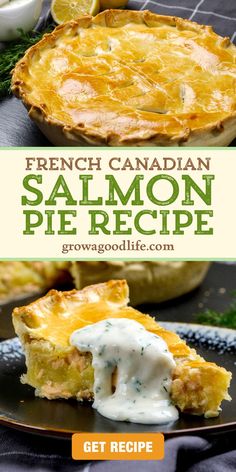 a slice of french canadian salmon pie on a plate with sour cream and lemon wedges