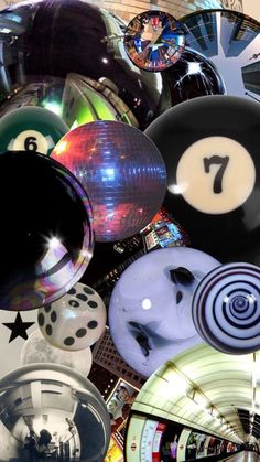 a collage of pool balls and numbers in black, white, and blue colors