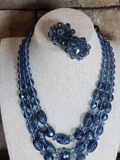 This is a beautiful color necklace and earrings. I don't clean any vintage pieces. In great condition. Three Strand Necklace, Color Necklace, Purple Hues, Blue Teal, Vintage Pieces, Strand Necklace, Clip On, Clip On Earrings, Jewelry Sets