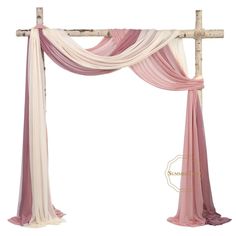 a pink and white wedding arch with sheer drapes