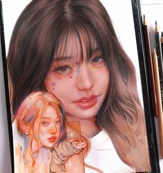 a pencil drawing of a girl with long hair and makeup on her face next to colored pencils