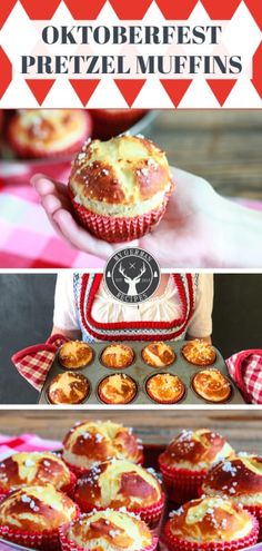 several different types of muffins with the words oktoberfest pretzel muffins