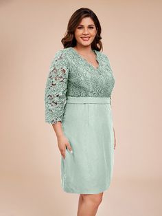 Stay elegant and refined in our Classy 3/4 Sleeves V-Neck Knee Length Lace Mother of the Bride Dress. With a flattering v-neckline, delicate lace fabric, and 3/4 length sleeves, this dress exudes sophistication. Perfect for a mother of the bride, this dress combines style and comfort for a timeless look.    Attention!     The sleeves are see-through and unlined. (Refer to the picture below) Lace Dress Classy, Knee Length Lace Dress, Dress Classy, Mother Of The Bride Dress, Chiffon Fabric, Mother Of The Bride Dresses, A Mother, Bride Dress, Lace Fabric