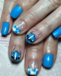 Stitch Theme Nails, Kids Nail Designs Simple Short, Stitch Nail Designs Short, Short Stitch Nails, Lilo And Stitch Nail Designs, Stitch And Angel Nails, Stitch Christmas Nails, Bluey Nail Ideas, Stitch Nails Disney