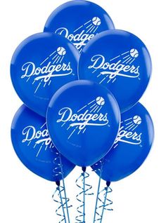 six blue dodgers balloons with the dodgers logo on them