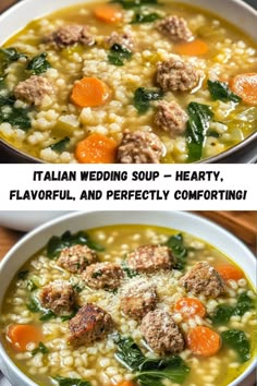 This Italian Wedding Soup is a heartwarming blend of tender meatballs, savory broth, fresh greens, and tiny pasta. It's a cozy and flavorful dish perfect for any occasion How To Make Italian Wedding Soup, German Wedding Soup, Wedding Meatball Soup, Crockpot Wedding Soup, Italian Wedding Soup Recipes, Wedding Soup Italian, Italian Wedding Soup Authentic, Meatballs Soup, Crock Pot Pizza