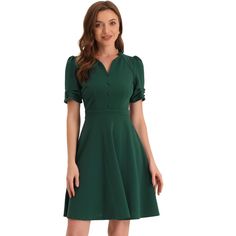 In a timeless classic design, this special and elegant dress adds to your choice for the upcoming seasons. Breathable and nice quality material perfectly draws out your waistline and elongates your legs. Pair it with high heels and you can build an urban chic elegant business lady look. Occasions: Work, Office, Urban Casual, Coffee Shop, Daily, Date, Business, Formal, Ceremony, Weekend, etc. Puff Sleeve Short Sleeve Dress For Office, Green Fitted Short Sleeve V-neck Dress, Solid Color Knee-length Puff Sleeve Formal Dress, Elegant Green Short Sleeve V-neck Dress, Elegant Green V-neck Dress With Short Sleeves, Fitted V-neck Dress With Short Sleeves For Office, Green Short Sleeve Mini Dress For Office, Dresses Dark Green, Flared Dresses