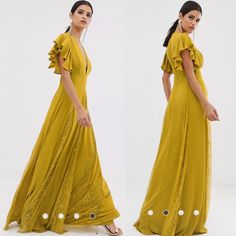 Asos Gown / Maxi Dress Mustard Yellow, Gold Color Size 0 Tall * Short, Ruffle, Flutter Sleeve Plunge Neckline Lace Panel Inserts Back Zip Brand New, Nwt. Such A Gorgeous, Magical Dress! Tags Wedding Guest Formal Bridesmaid Dress Bhldn Anthropologie Lulus Revolve Show Me Your Mumu Birdy Grey Black Plunging Neckline Dress, Black Midi Dress Casual, Black Lace Up Dress, Asos Maxi Dress, Wedding Guest Formal, Red Skater Dress, Magical Dress, Halter Dress Short, Formal Bridesmaids Dresses