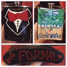 four different flasks decorated with the same name and bow tie as well as an actual flask