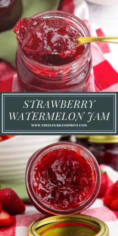 strawberry watermelon jam in a glass jar with a spoon and strawberries on the side