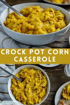 crock pot corn casserole in white bowls with spoons