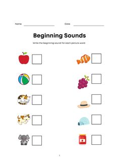 a worksheet for beginning sounds with pictures