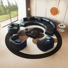 a modern living room with black and white furniture